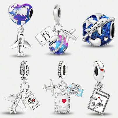 1件时尚环球旅行家飞机吊坠珠，适合女性手链DIY饰品制作和日常装饰，女孩配饰