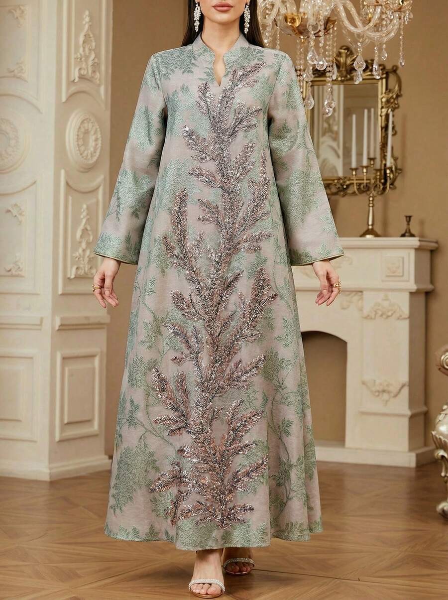 Solessence 女士优雅V领长袖长款卡夫坦连衣裙，梭织面料，饰以串珠，适合开斋节穿着 - 卡其色 - 查看 1