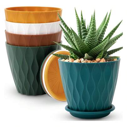 5个带托盘塑料花盆 | 加厚PP材质，现代波浪纹理，增强排水性，适用于室内/室外花园植物 | 多色超值装