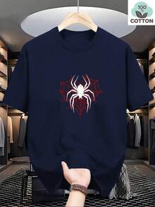 Men's Casual T-Shirt With Spiderweb Print, Unisex Cotton - Navy Blue - View 2