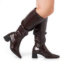 Stessy Shoes Women's Over-The-Knee Slouchy Wrinkled Boot, High Shaft, Stretch, Medium Heel, Pleated, Comfortable, Pointed Toe, Original Winter Fashion - 布朗尼 - 查看 2