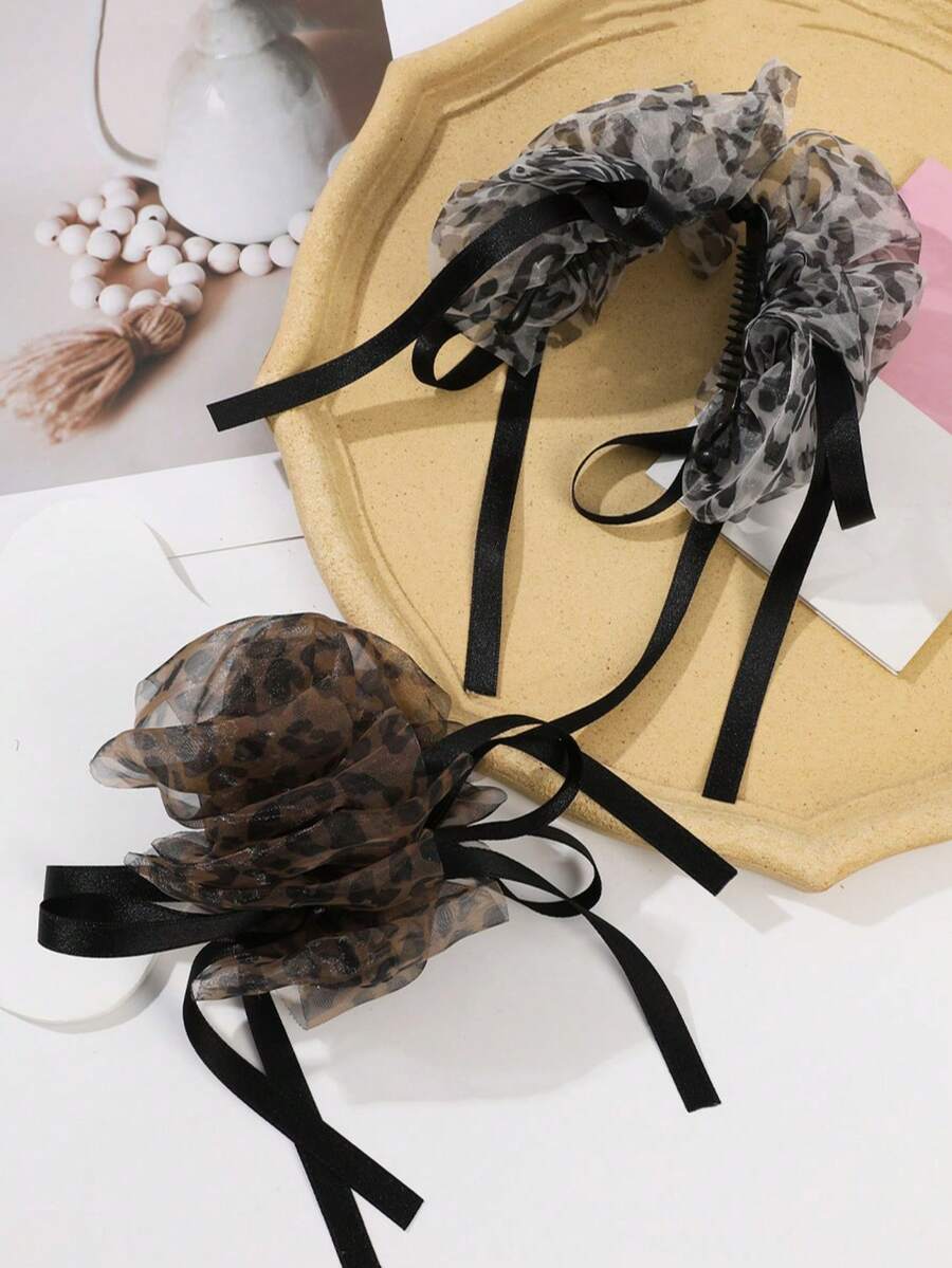 1个优雅复古豹纹网纱发圈发夹，马尾辫发圈，丸子头固定器 - 彩色 - 查看 1