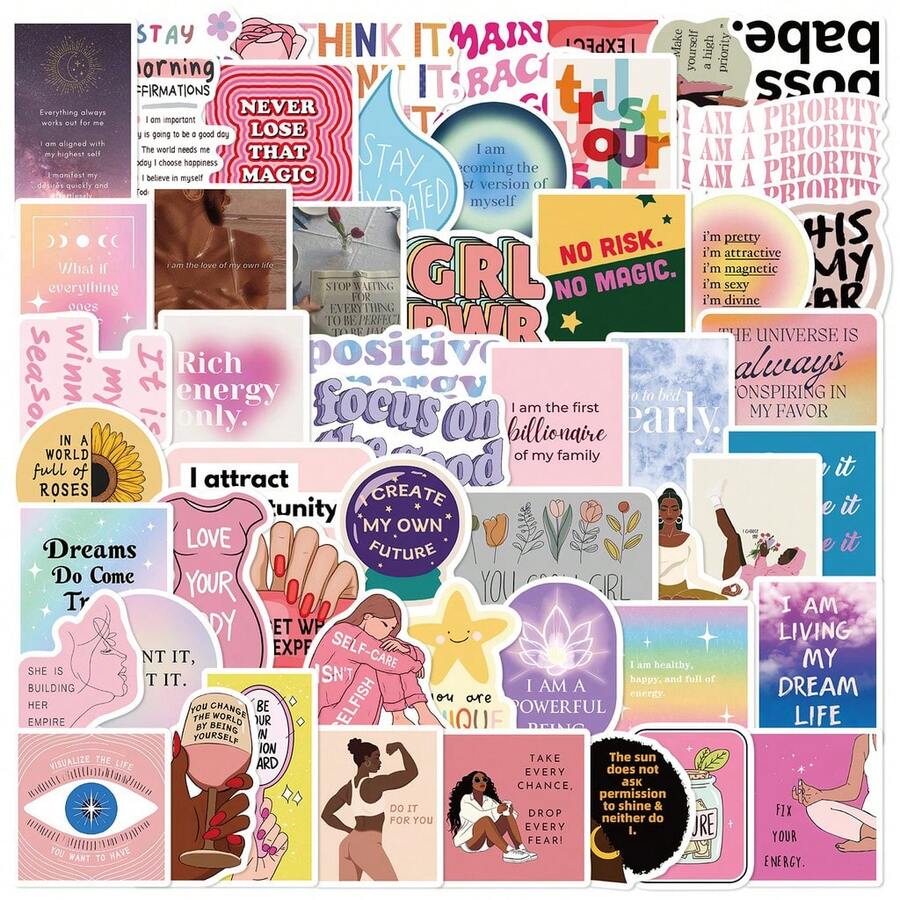 52 Sheets Empowering Motivational Vision Graffiti Stickers - Waterproof DIY Decals For Guitars, Notebooks & Luggage - 52PCS - View 1