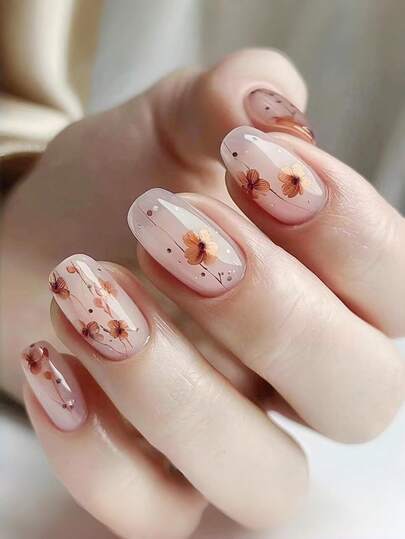 24 piezas Juego de uñas postizas cuadradas medianas con pestañas de gelatina y lima de preparación - Uñas falsas florales de cerezo romántico, fácil de aplicar y quitar, uñas postizas brillantes reutilizables para mujeres para uso diario en primavera y verano