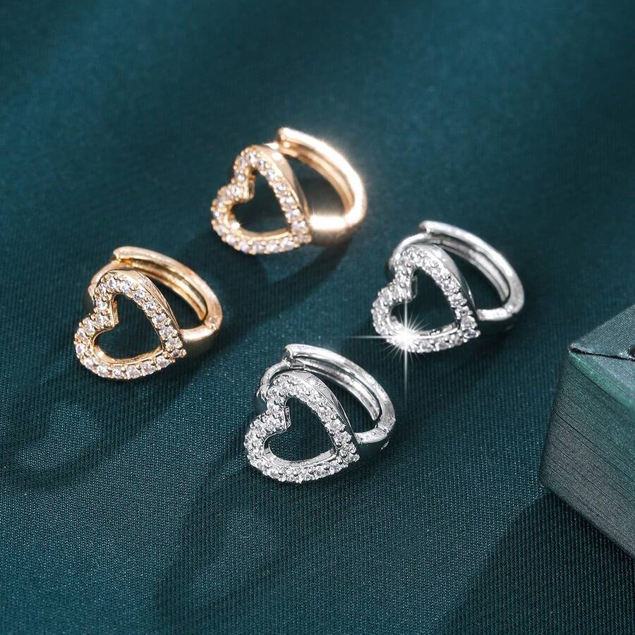 2pcs Women's Zirconia Earrings, Minimalist Fashion Heart Shaped Earrings, Daily Wear & Holiday Gift Accessories - Earrings - View 1