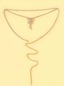 1pc Fashionable Sexy Silver Double-Layer Butterfly Waist Chain, Rhinestone Tassel Hollow Beach Waist Chain NA0Q - Vàng - Xem 3