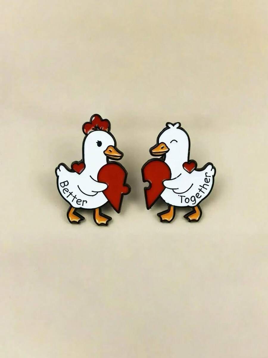 创意心形小鸭胸针，可爱卡通动物金属徽章，情侣礼物 - 白色 - 查看 1