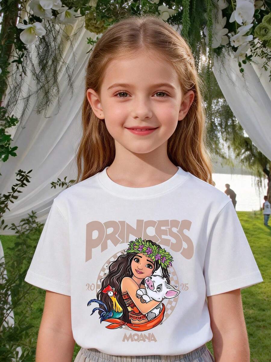Disney Girls' T-Shirt, Printed With Disney Moana Princess Letter Cartoon Pattern, Summer Style, Soft And Comfortable Fabric, Suitable For Everyday Wear. - White - View 1