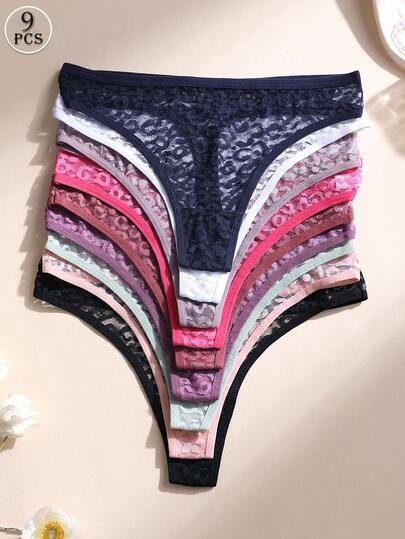 9 PCS Women's Sexy Lace Thong Low Waist Seamless Panties Leopard Print Solid Color Comfortable And Breathable Sports Underwear