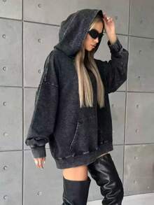 Women's Oversized Unisex Retro Acid-Wash Hooded Sweatshirt - Heavy-Duty Couple Matching Streetwear Pullover With Pocket, X-Line Fit (Plus Size), All-Season Casual Hoodie For Men & Women - Christmas Gift - 黑色 - 查看 9