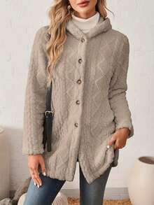 Hooded Mid-Length Coat, Button-Front Closure, Equipped With Practical Pockets For Small Daily Items, Provides Gentle Warmth For Daily Wear, Easy To Layer With Inner Garments, Ideal For Commutes And Casual Outings, Adds Comfort To Your Daily Looks, Suitable For The Transition From Autumn And Winter To Spring - Màu Xám nhạt - Xem 3