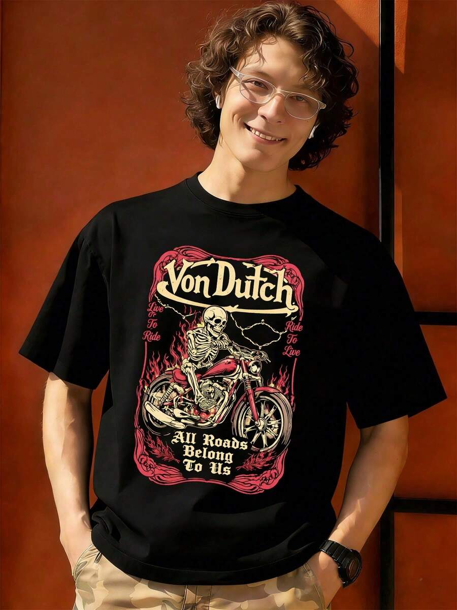 Van Dutch All Roads Belong To Us Skeleton Rider Distressed Oversized Graphic Tee Men's Short Sleeve Pure Cotton T-Shirt Loose Fit, Biker Streetwear Hardcore Retro Aesthetic Baggy 100% Cotton Pullover Gift - 黑色 - 查看 1