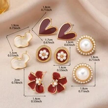 10件套女士时尚首饰套装，法式复古酒红色几何不对称仿珍珠心形耳钉套装，适合女士日常休闲佩戴，节日礼物 - 愛心 - 查看 2