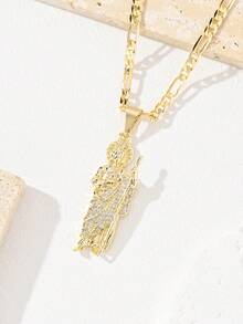 1pc Gold Figaro Chain Iced Out CZ St. Jude Thaddeus Pendant Necklace, Catholic Saint Religious Hip Hop Jewelry For Men & Women - Yellow Gold - View 4