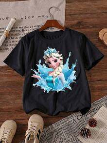 Disney Frozen Queen Elsa Ice Magic Water Splash Princess Portrait Printed Pattern T-Shirts For Girls - Children's Clothing Design Short-Sleeved Casual And Cute Style Comfortable And Casual Wear All Year Round Suitable For Parties And Play Machine Washable Gift Children's Clothing Girls' Short-Sleeved Shirts - Noir - Voir 2