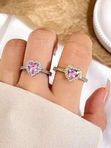 心形闪耀粉钻开口戒指，奢华女士珠宝 - 愛心戒指 - 查看 2