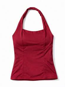 Cropped Polyamide Backless Knit Cropped Nightwear Summer - 酒紅色 - 查看 1