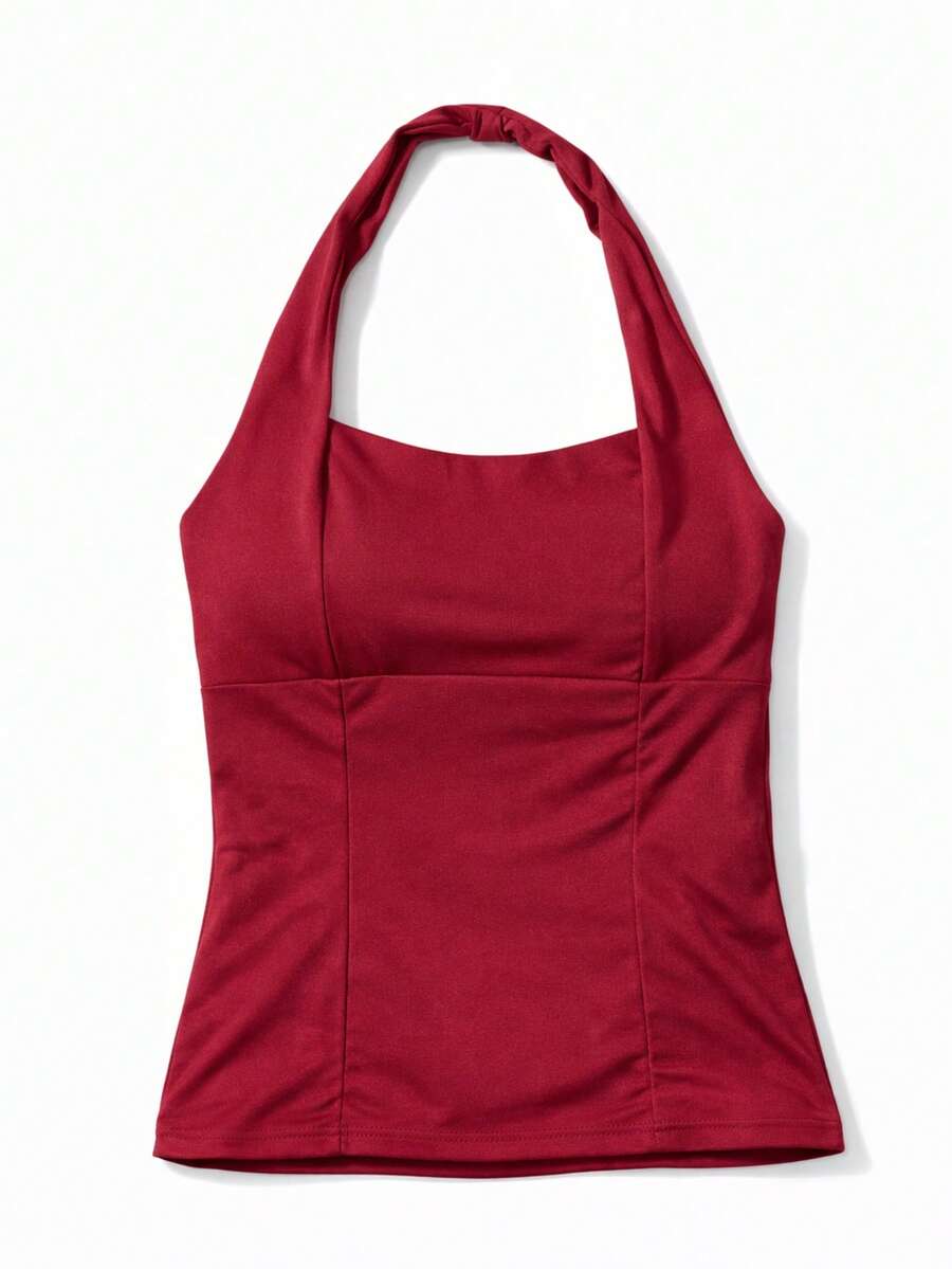 Cropped Polyamide Backless Knit Cropped Nightwear Summer - 酒紅色 - 查看 1