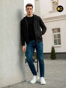 Big City Men's Hooded Sweatshirt With Closure, Sporting Design - Black - View 5