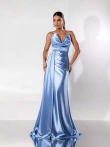 Strapless Dress With Slit For Graduation, Wedding Party, Bridesmaid - Baby Blue - View 2