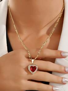 1pc Women Red Heart CZ Pendant Necklace Gold Figaro Chain Big Ruby Heart Statement Necklace Hip Hop Aesthetic Valentine Jewelry/Fashion Jewellery - Yellow Gold - View 8