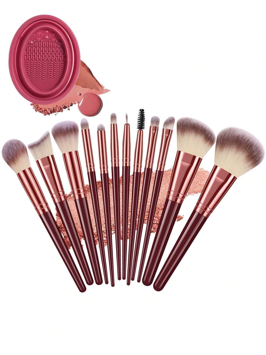 13件套/1件全套化妆刷套装，包含12支柔软的化妆刷——例如透明散粉刷、腮红刷、轮廓刷、高光刷、粉底刷、鼻影刷、眼影刷、眉刷、唇刷和细节刷——以及1个刷子清洁碗；非常适合初学者、专业化妆师和美容爱好者。 - 酒紅色 - 查看 1