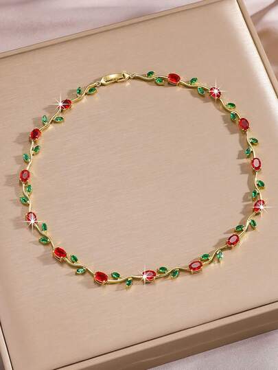  这款优雅时尚的网球花叶锆石吊坠项链，适合女性日常佩戴，也适合节日、约会、派对、婚礼等场合，寓意永恒的爱，可作为情人节或母亲节礼物。