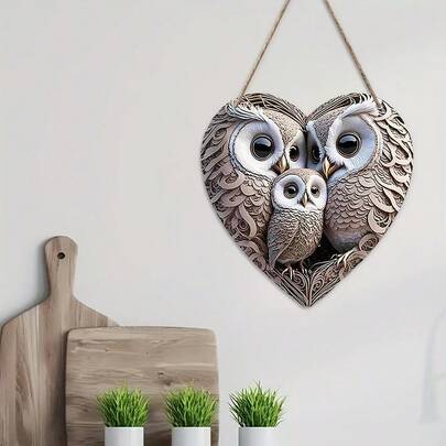 In Stock Vintage Creative Heart-Shaped 3 Owls 2D Printed Wooden Hanging Plaque Wall Decor, Also A Nice Outdoor Decoration
