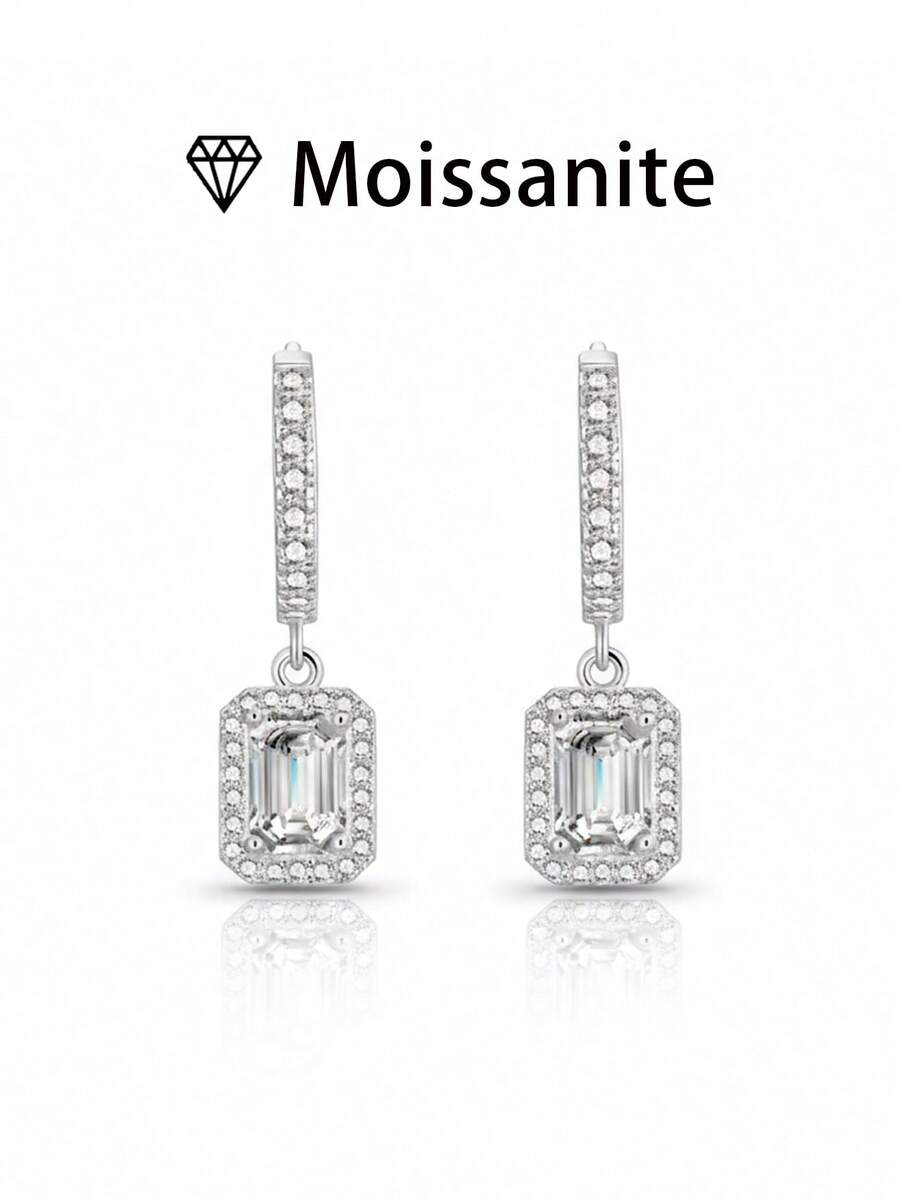 一对女士结婚耳环，4.4克925纯银吊坠长方形耳环，镶嵌1克拉*2颗莫桑石，奢华波西米亚宫廷风格，适合订婚、结婚纪念日、情人节等场合，附赠莫桑石证书和精美礼盒。 - 銀色 - 查看 1