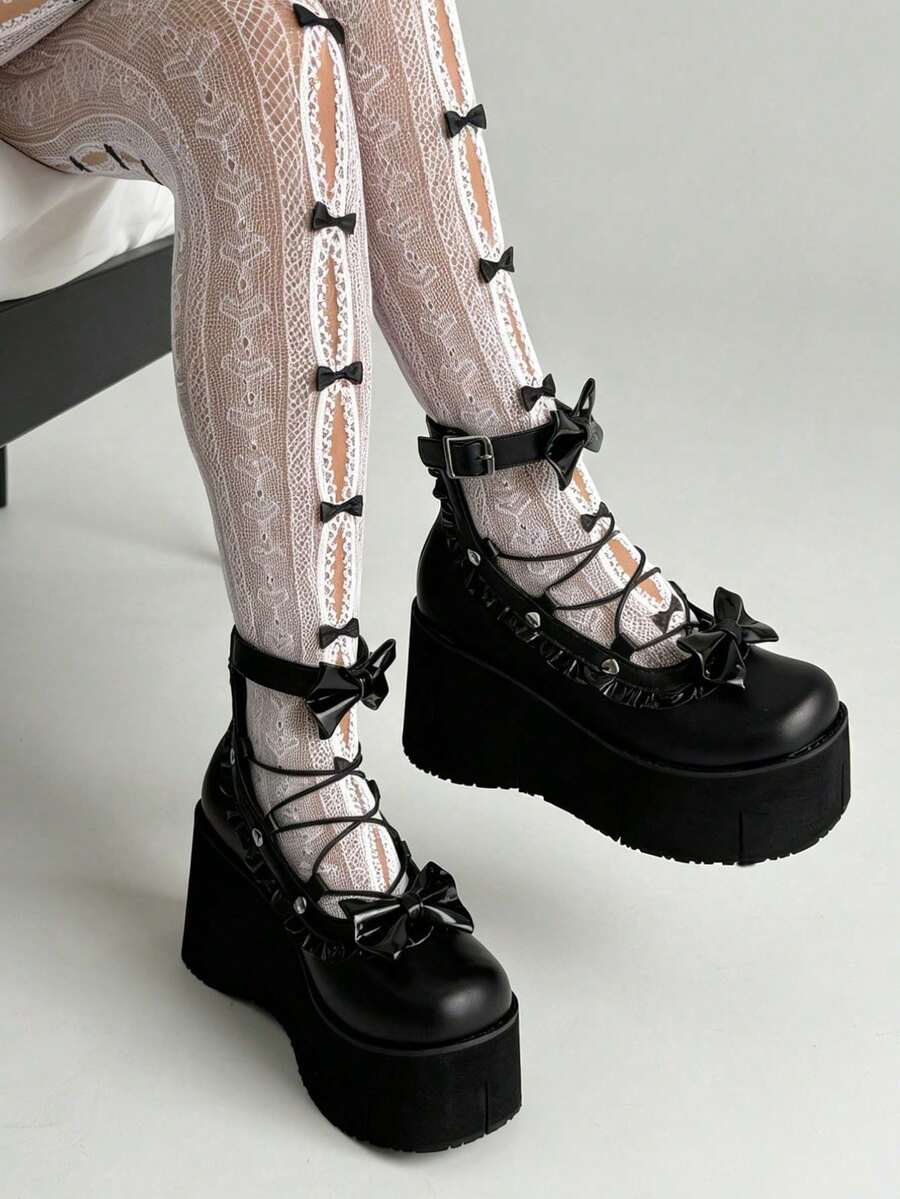 Gothic Women Mary Jane Pumps Bow Lace-Up Ankle Srtap Buckle Frilled Platform Wedge Heel Shoes Punk Y2K Cosplay Lolita Style Dress Party Shoes - 黑色 - 查看 1