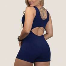 Beachwear Brazil Women's Short Jumpsuit Fitness Navy Blue Ribbed Knit U-Neck Unpadded And Unlined Simple Casual For Workout Gym Pilates Yoga Fashion Summer Casual Elegant - 藏蓝色 - 查看 2