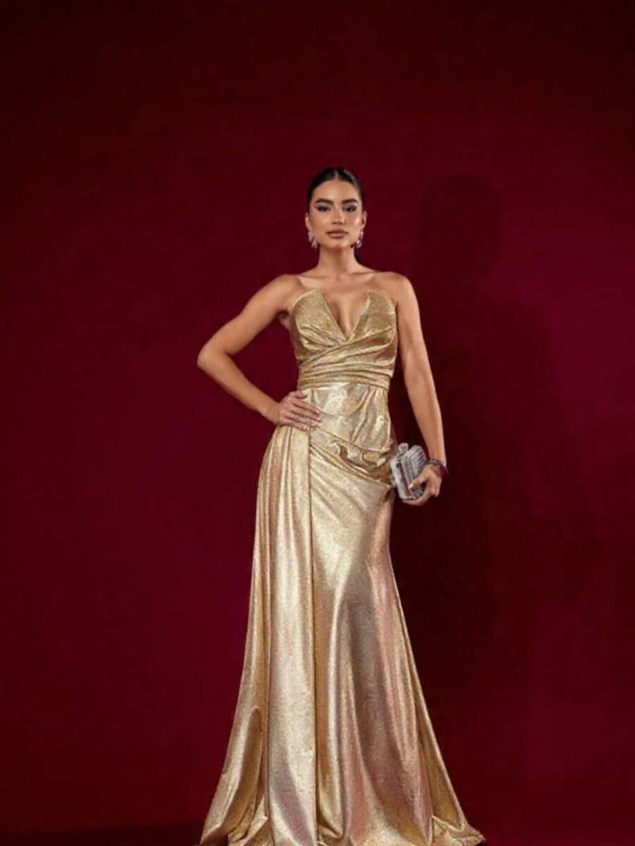 Strapless Dress With Slit For Graduation, Wedding Party, Bridesmaid - Gold - View 1