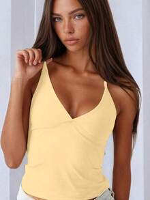 Minimalist Halter Top With V-Neck And Neck Tie - Summer - Beige - View 2