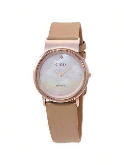 CITIZEN 1 pieza Reloj multifuncional de moda, Características: Caja de acero inoxidable con recubrimiento PVD color oro rosa, Bisel con recubrimiento PVD color oro rosa (con 3 marcadores de hora), Correa de color claro, Cristal mineral, Diámetro de caja de 34mm, Resistencia al agua de 30M, Movimiento avanzado de energía solar - EG7073-16Y