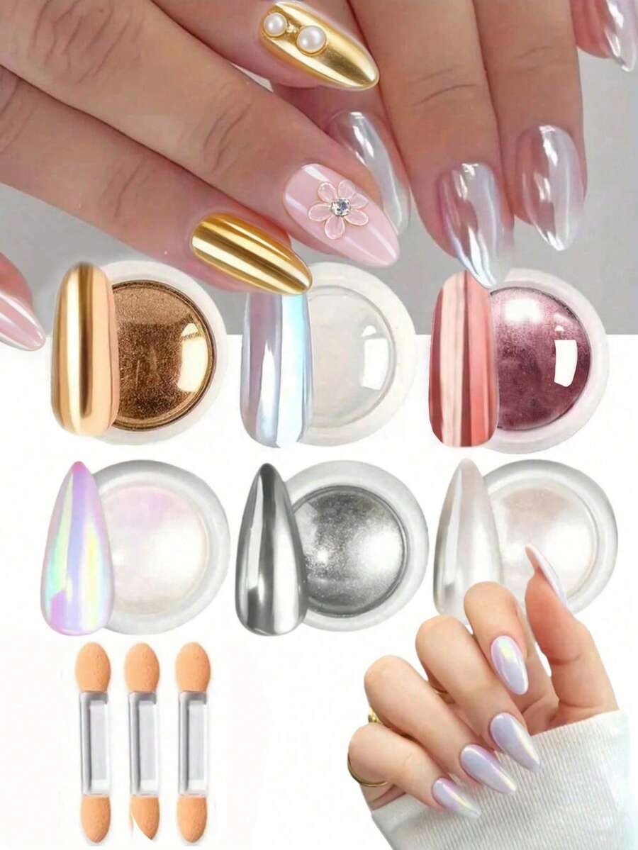 6 Colors Y2K Gold, Silver, White, Red, Pearl Nail Powder, Professional Nail Powder With Super Pearl Effect, Powder, Suitable For Nails, Gothic Style, Rainbow Aurora Mermaid White Pearl Nail Powder, For Nail Art DIY - 彩色 - 查看 1