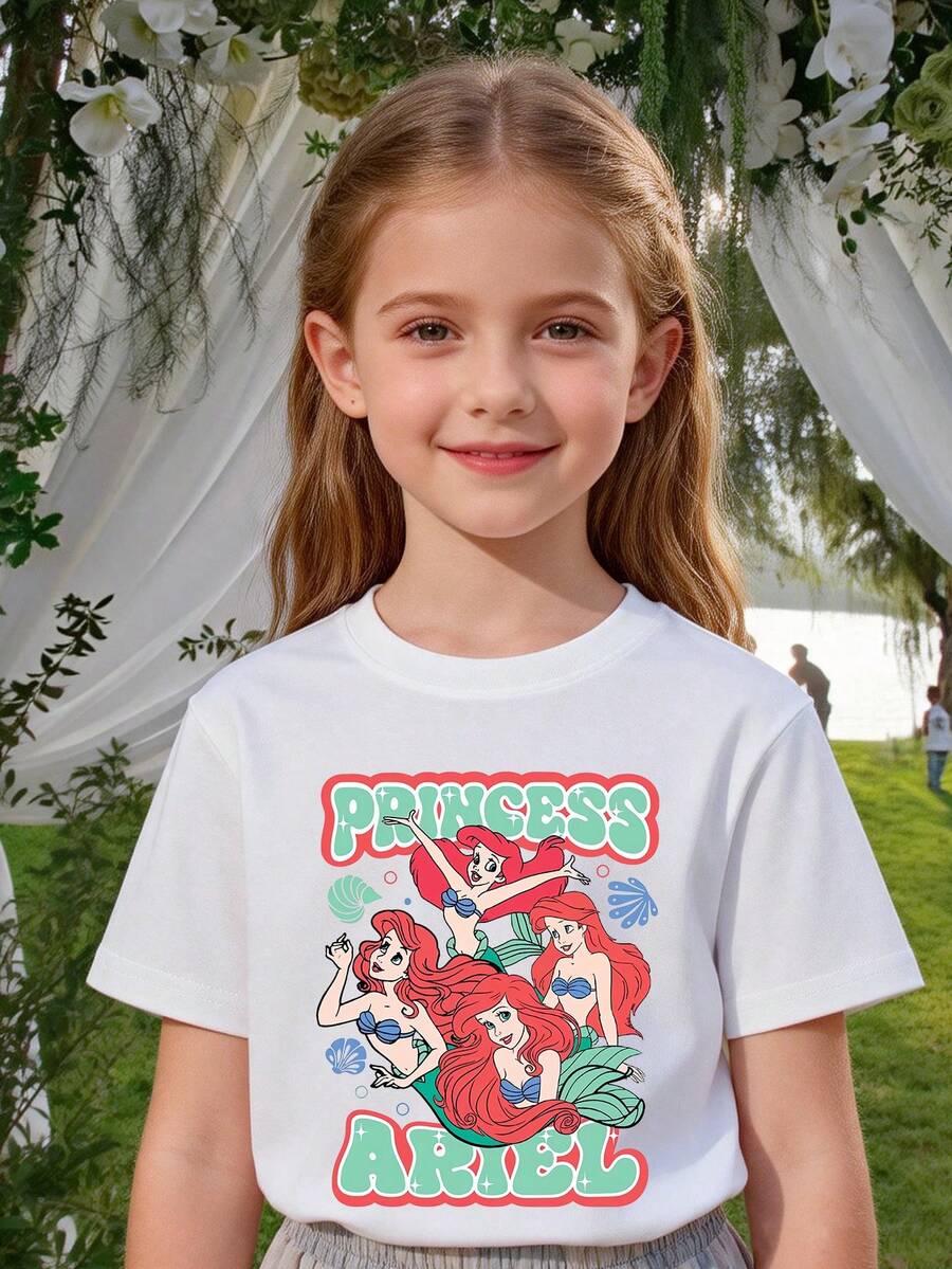 Disney Girls' T-Shirt, Printed With Disney Ariel Princess Letter Cartoon Pattern, Summer Style, Soft And Comfortable Fabric, Suitable For Everyday Wear. - 白色 - 查看 1