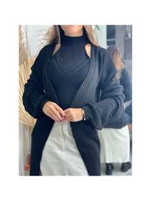 Cardigan Kimono Tricot Com Detalhe de Pompom Na Manga Blusa Inverno Verão Versátil Moda Luxo Casual Festa Trabalho - Preto - Visão 2