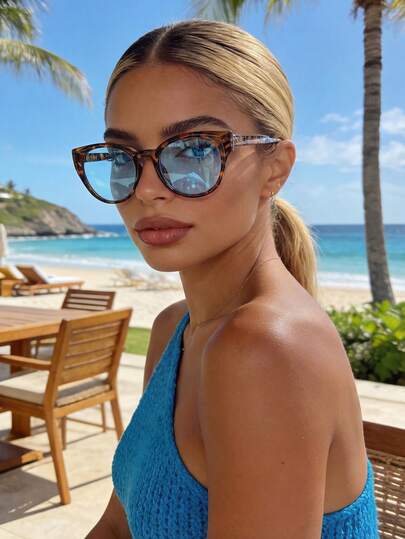 豹纹波西米亚风猫眼大框时尚眼镜，女士塑料休闲装饰日常佩戴