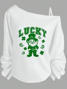 Black Off-Shoulder Long-Sleeve Top With Green Graphic Design (LUCKY, Leprechaun, Shamrocks) - Festive St. Patrick's Day Casual Tee St Patrick'S Day - 白色 - 查看 1