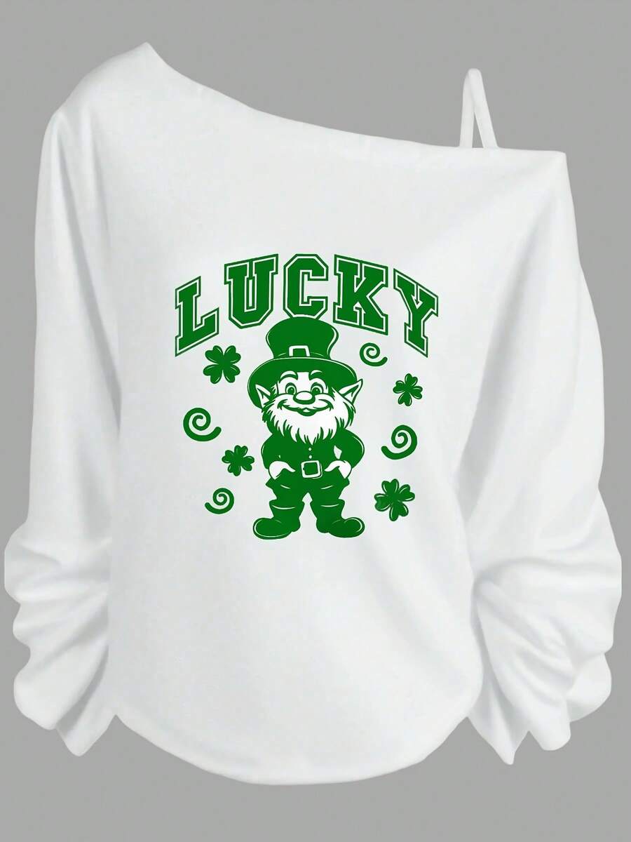 Black Off-Shoulder Long-Sleeve Top With Green Graphic Design (LUCKY, Leprechaun, Shamrocks) - Festive St. Patrick's Day Casual Tee St Patrick'S Day - 白色 - 查看 1