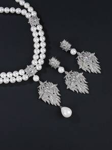 3pcs Luxurious Cubic Zirconia Necklace & Earrings Set, Faux Pearl Jewelry For Wedding, Party, Bridal Gown, Holiday, Birthday Gift - Jewelry Sets - View 8
