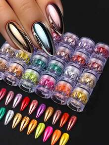 24 Colors Moonlight Aurora High-Grade Mirror Nail Powder, Comes With Storage Box, Includes 24 Shades Of Super Bright Mirror Nail Powder, Suitable For Manicure Decoration, Christmas, Halloween And Nail Art. - 彩色 - 查看 9