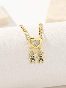 Double Boy Design Pendant Necklace, Rhinestone Heart Pendant With Gold-Plated Figaro Chain, Exquisite Family Theme Women's Daily Wear Jewelry - Yellow Gold - View 1