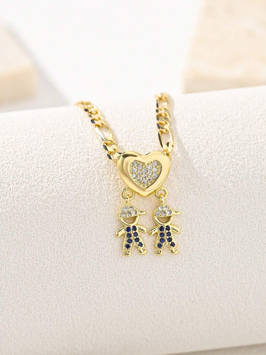Double Boy Design Pendant Necklace, Rhinestone Heart Pendant With Gold-Plated Figaro Chain, Exquisite Family Theme Women's Daily Wear Jewelry - Yellow Gold - View 1