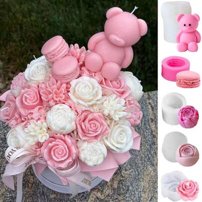 5件套 熊牡丹大豆蜡蜡烛硅胶模具，玫瑰樱花树脂石膏工艺装饰制作DIY花束，婚礼纪念品手工香薰蜡烛，情人节、母亲节、感恩节礼物