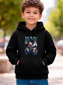 Moletom Canguru Unissex Infantil Blusa de Frio Inverno Casaco Quentinho Menino Menina Moda Kpop Idol Masculino - Preto - Visão 1