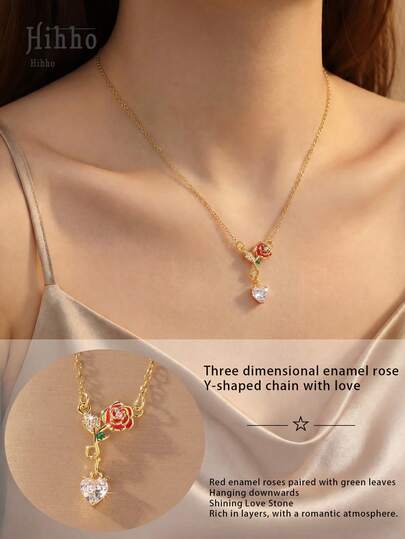 Hihho 1件浪漫玫瑰心形锆石项链，奢华配饰，适合约会、通勤和百搭造型，可单独佩戴或叠戴。