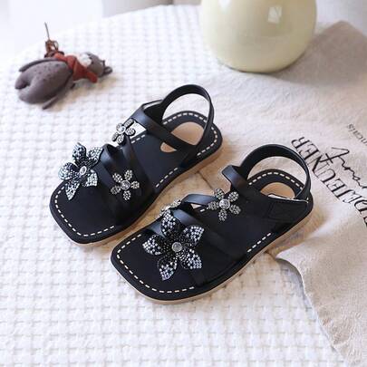 Girls' Sparkle Flower Sandals – Rhinestone Flower Design Adjustable Hook & Loop Summer Shoes For Kids