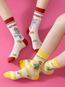 Noctvar OBM Sleepwear X TOM & JERRY 2双猫鼠图案女士中筒袜，可爱卡通爱心设计，趣味老鼠时尚夏季男士袜子，透气休闲船袜，卡通图案，适合学生/成人作为礼物和日常穿着，情侣款 - 彩色 - 查看 10