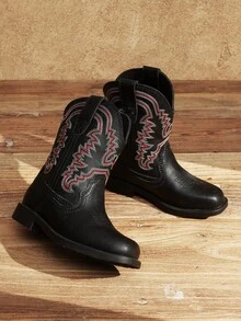 1 Pair Classic Embroidered Fashion All Season Children Boots, Toddler Little Boys Girls Cowboy Boots,Everyday And Vacation Wear, Low Heel Mid-Calf Girls Boots - 黑色 - 查看 9